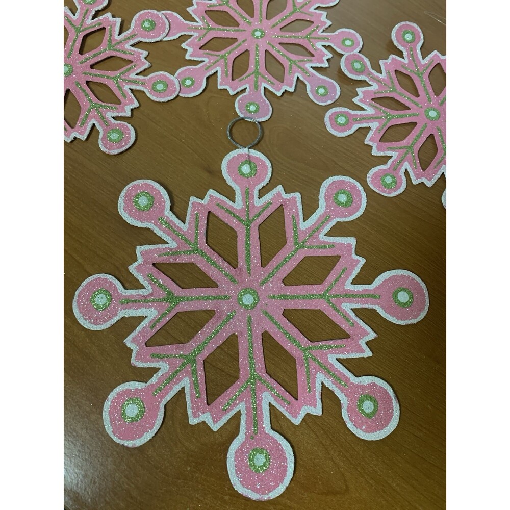 Set Of 4 Snowflakes Pink & Green W/ Glitter - Picture 2 of 3